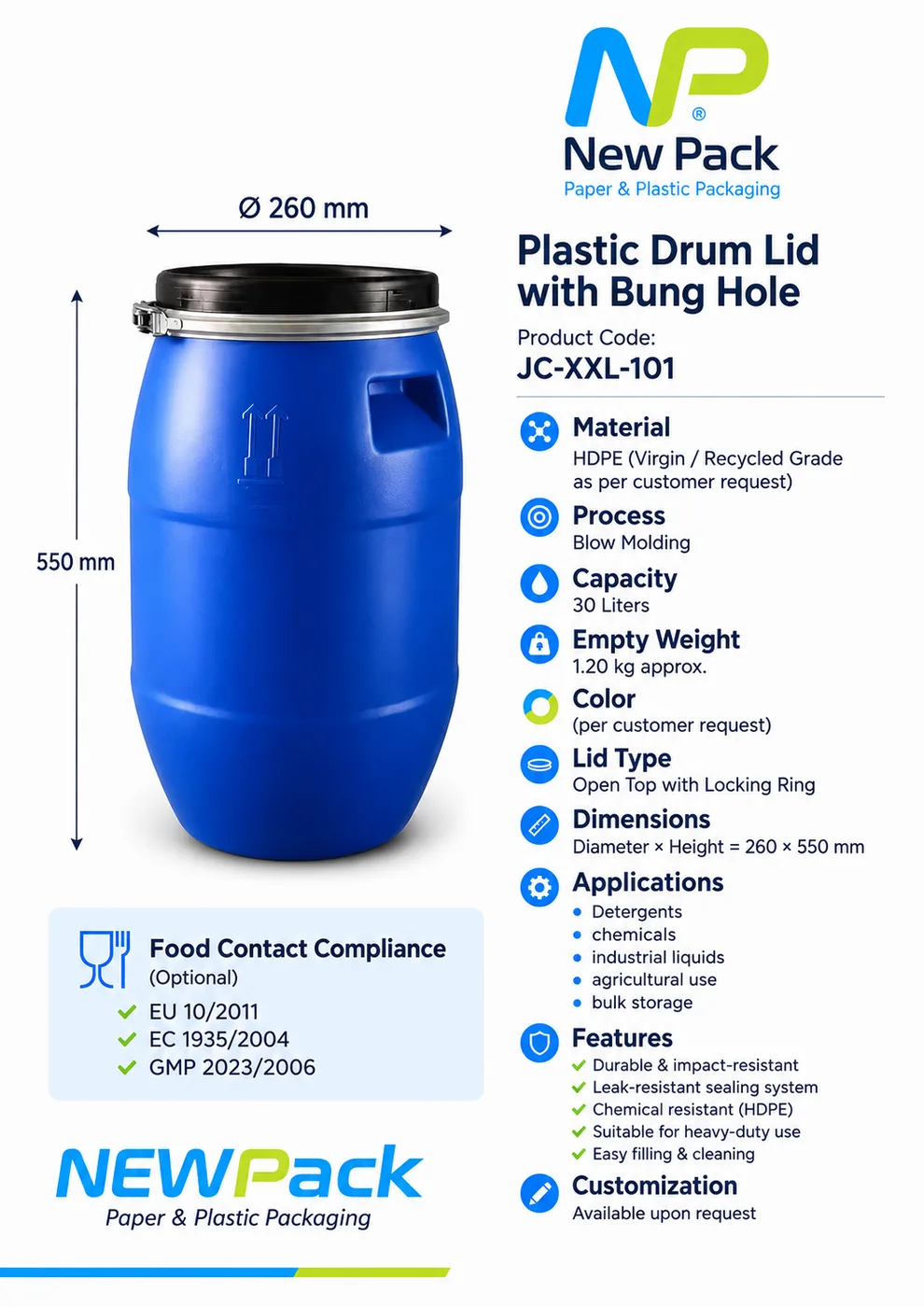 JC-XXL-101 — 30L Open Top Plastic Drum