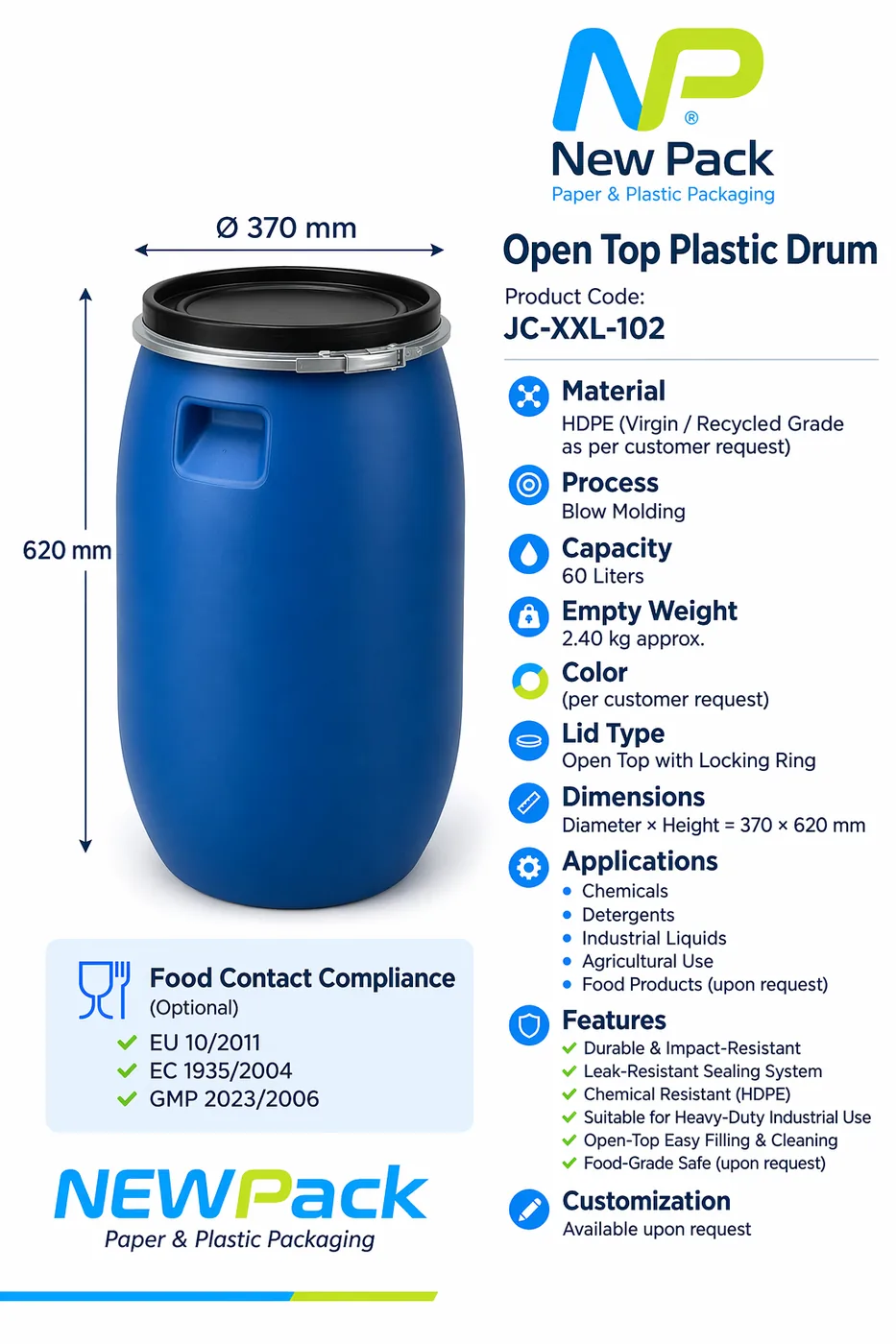 JC-XXL-102 — 60L Open Top Plastic Drum