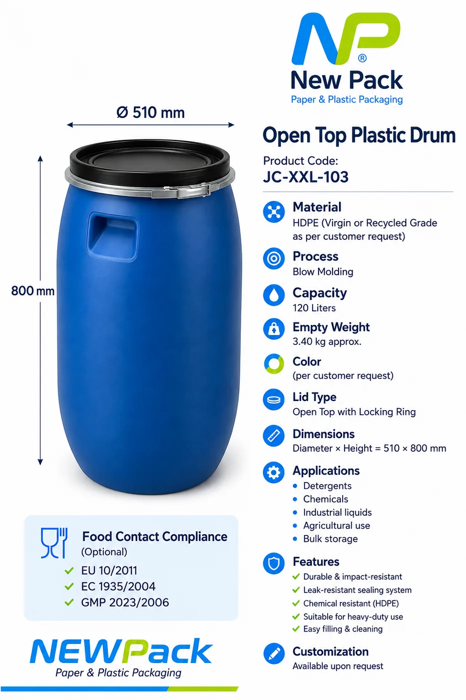 JC-XXL-103 — 120L Open Top Plastic Drum