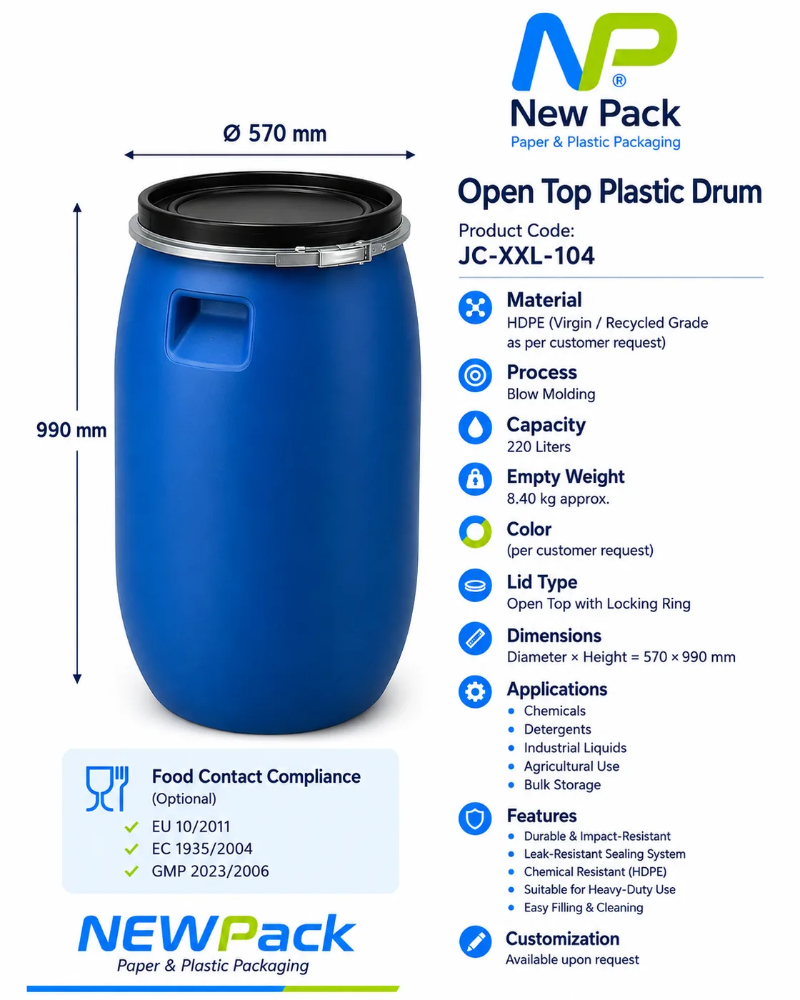 JC-XXL-104 — 220L Open Top Plastic Drum