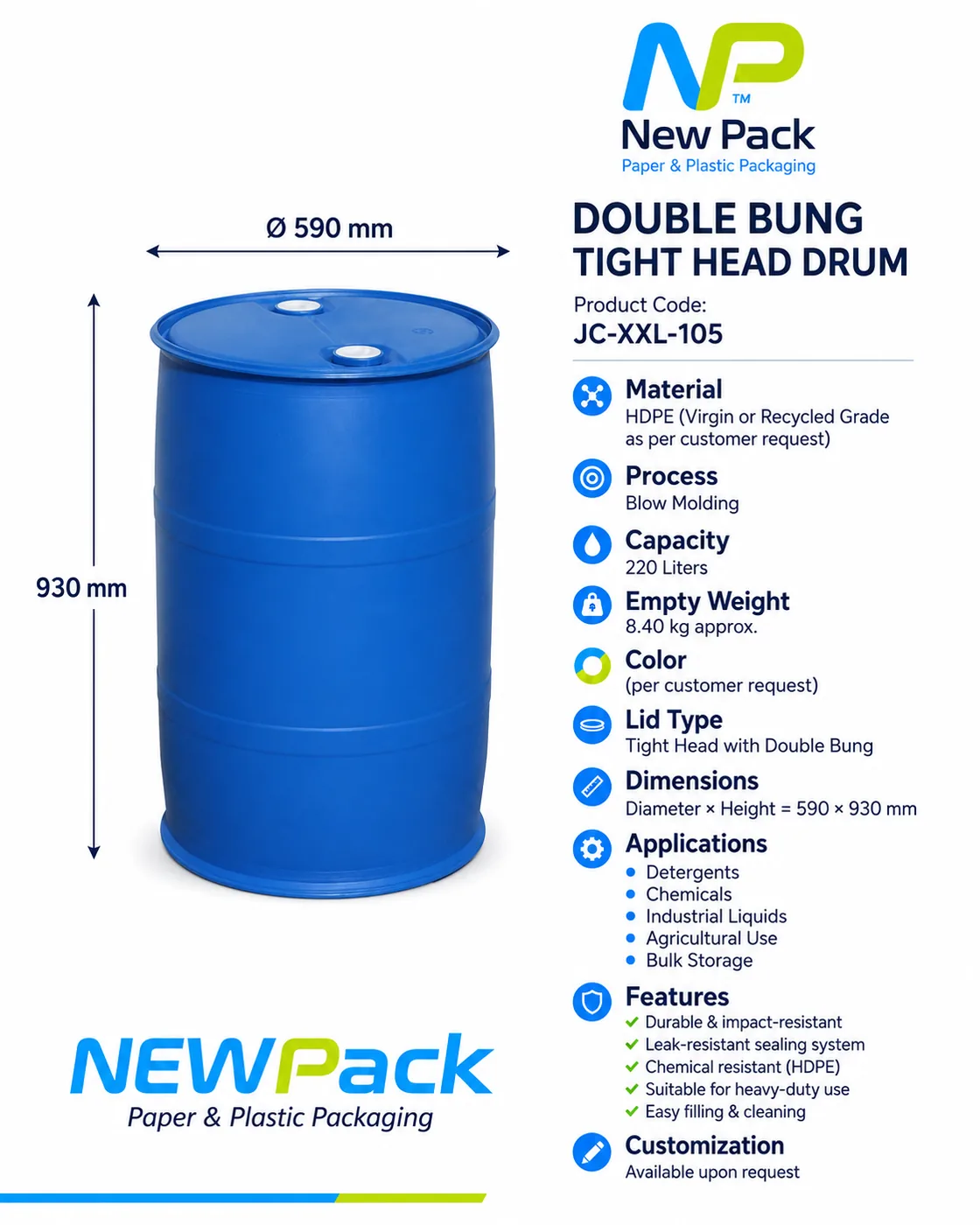 JC-XXL-105 — 220L Tight Head / Double Bung Plastic Drum