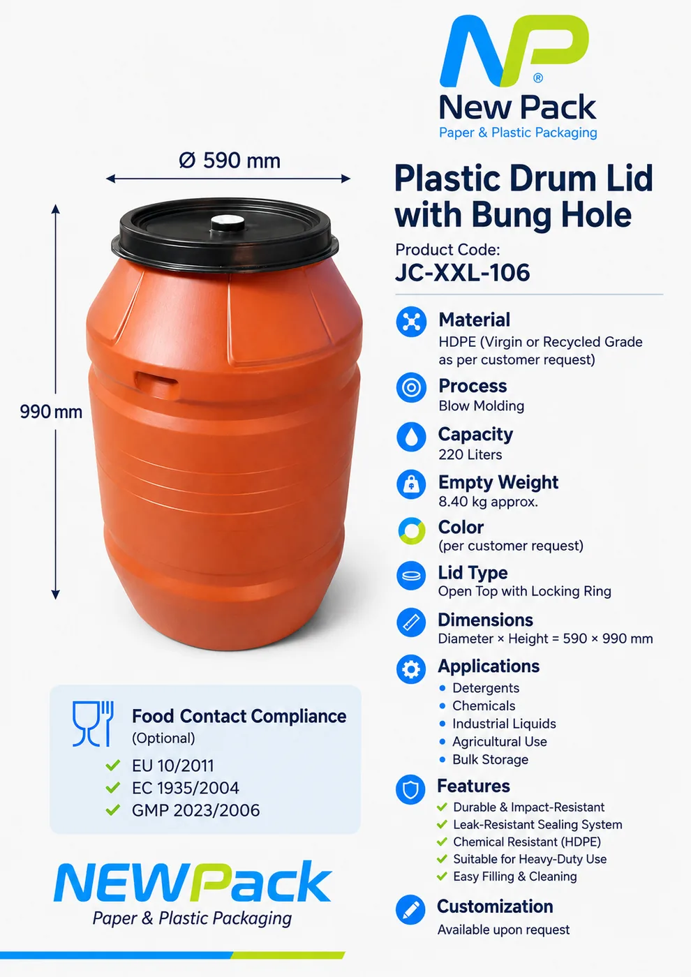JC-XXL-106 — 220L Plastic Drum with Lid & Bung Hole