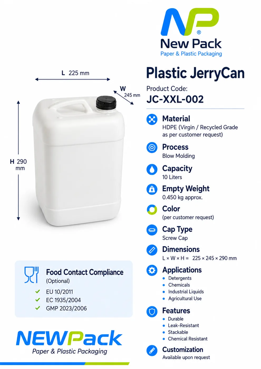JC-XXL-002 — 10L Plastic JerryCan | New Pack Industrial