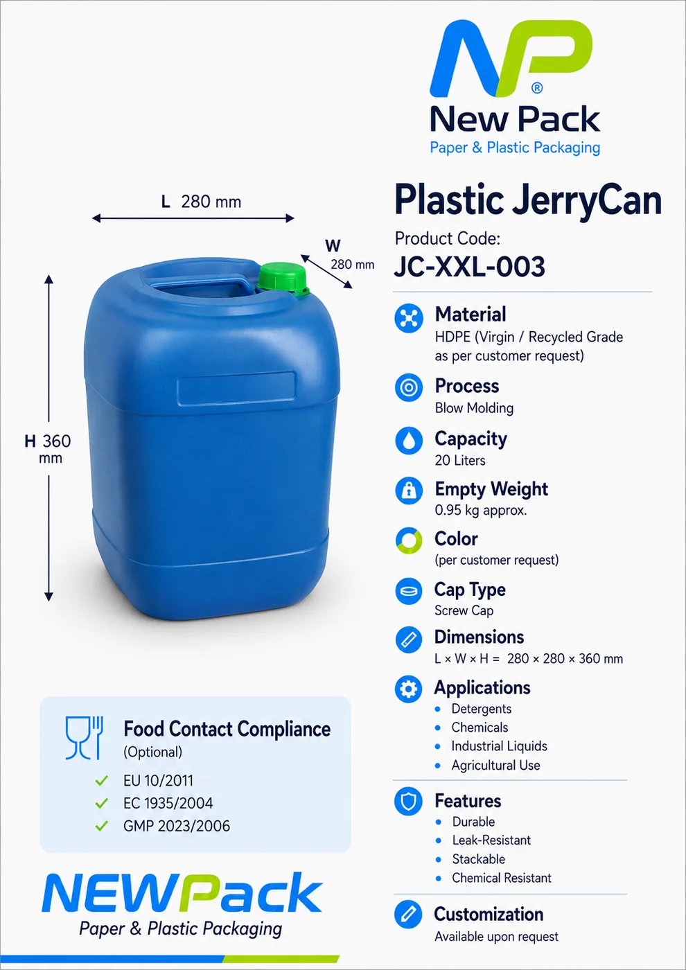 JC-XXL-003 — 20L Plastic JerryCan | New Pack Industrial