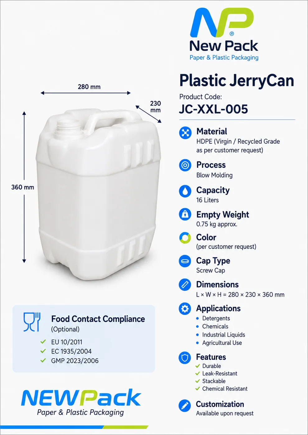 JC-XXL-005 — 16L Plastic JerryCan | New Pack Industrial