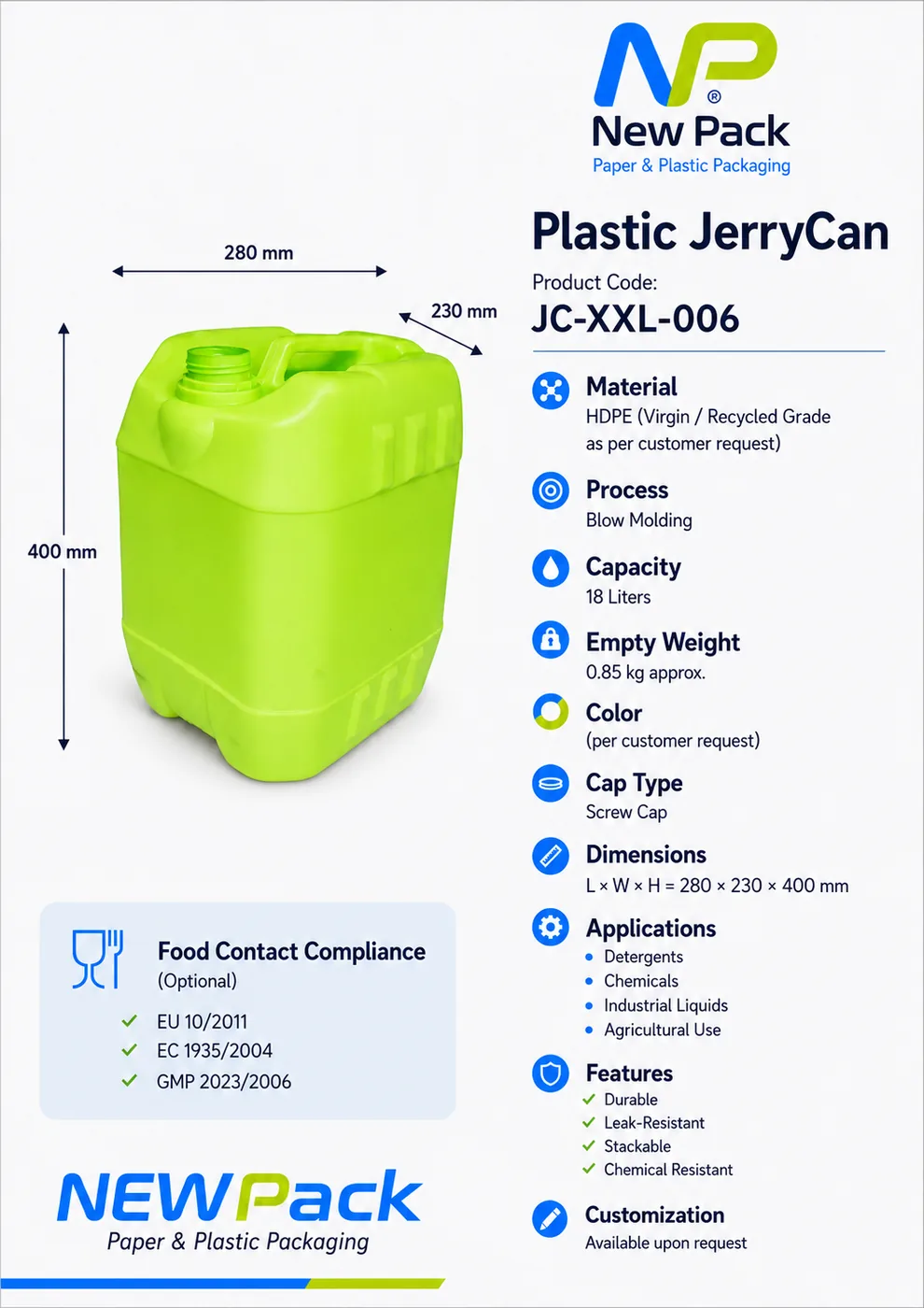 JC-XXL-006 — 18L Plastic JerryCan | New Pack Industrial
