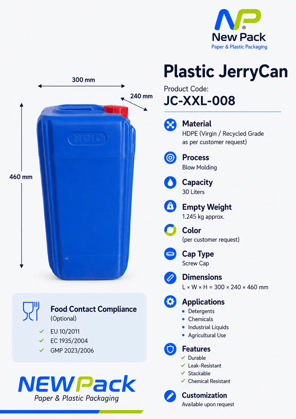 JC-XXL-008 — 30L Plastic JerryCan | New Pack Industrial
